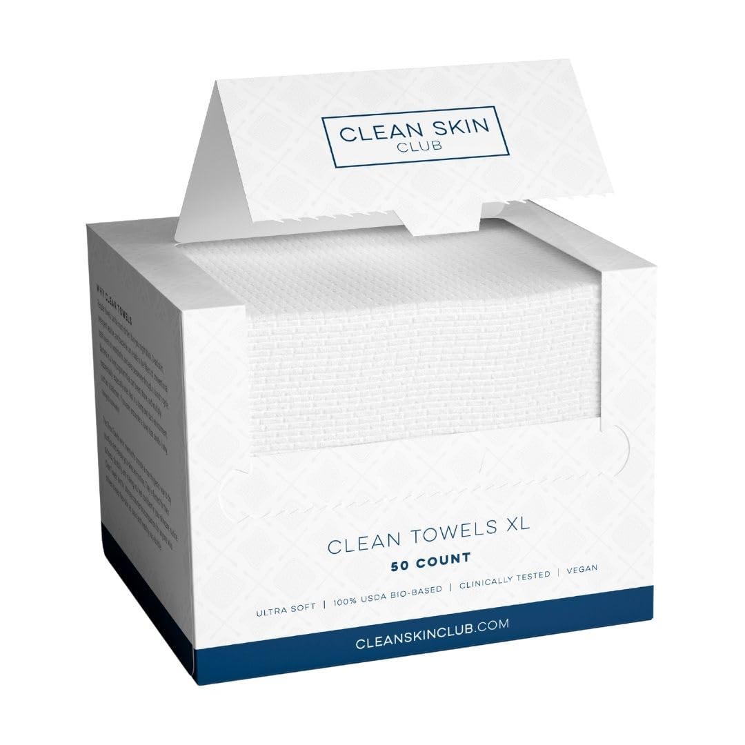 Clean Skin Club Clean Towels XL, USDA Certified 100% Biobased Dermatologist Approved Disposable Face Towelette, Facial Washcloth, Makeup Remover Dry Wipes, Ultra Soft