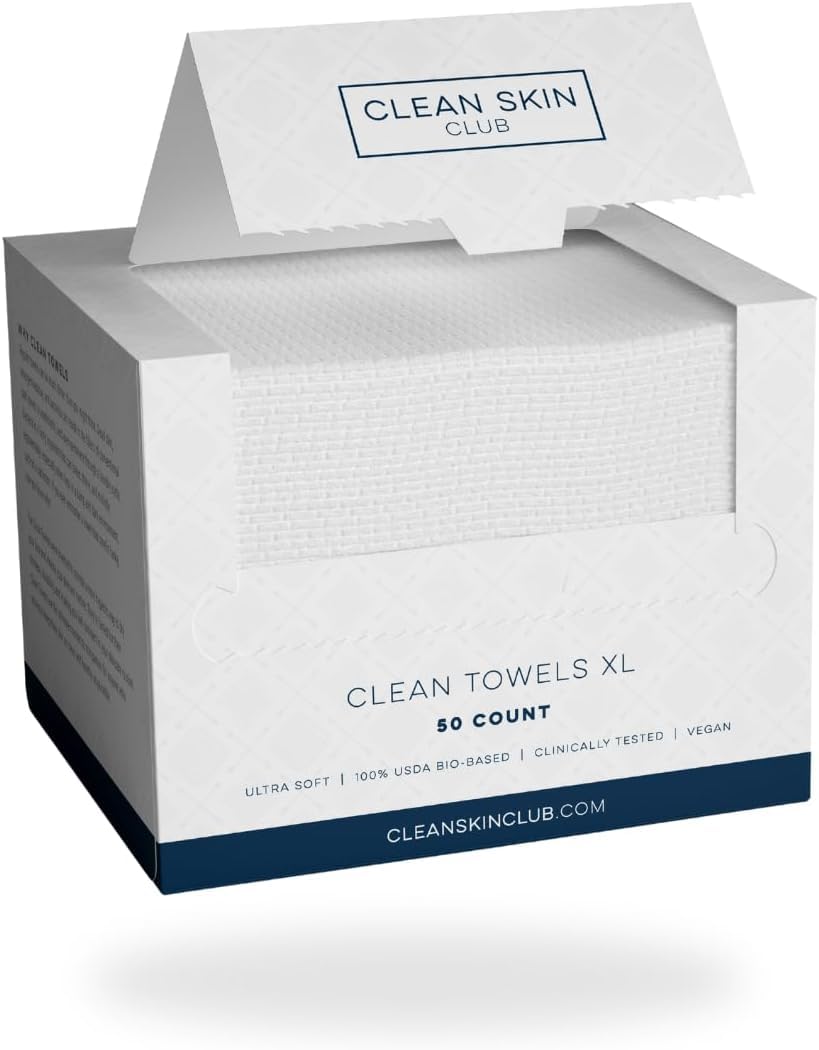 Clean Skin Club Clean Towels XL, USDA Certified 100% Biobased Dermatologist Approved Disposable Face Towelette, Facial Washcloth, Makeup Remover Dry Wipes, Ultra Soft