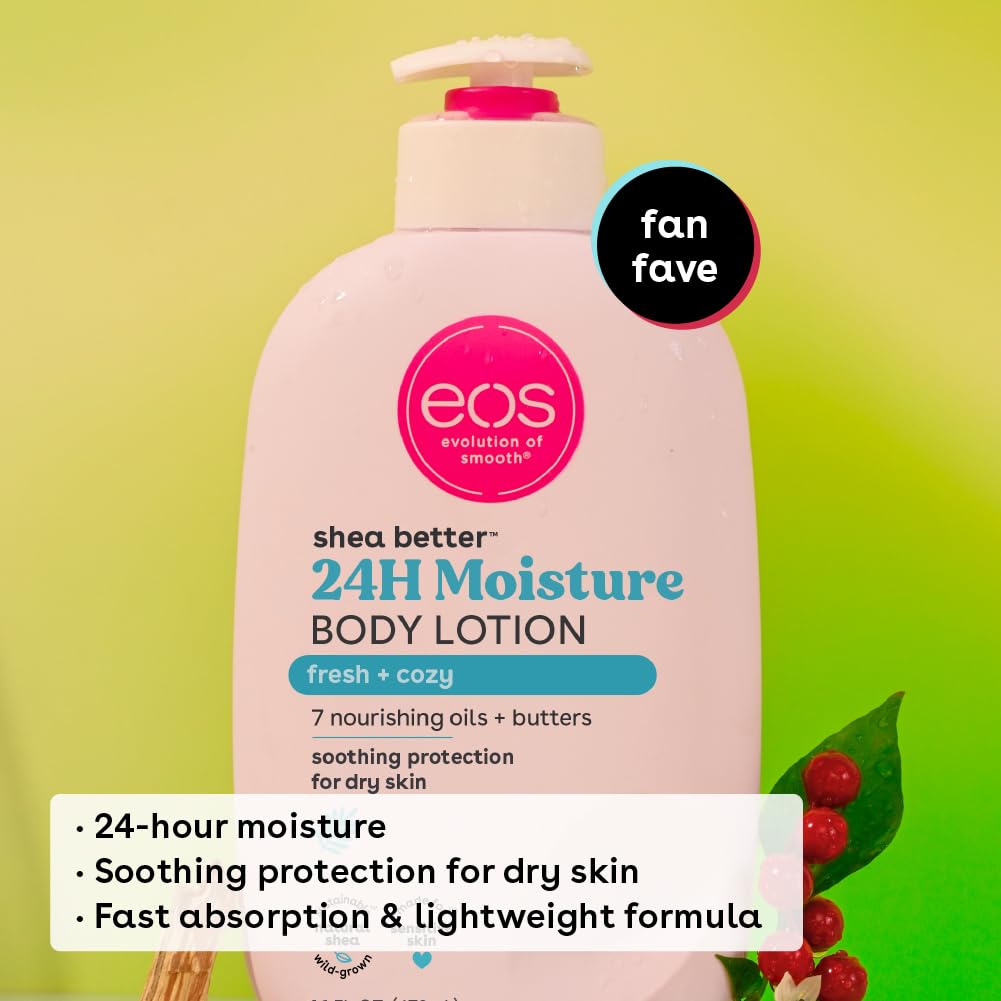eos Shea Better Body Lotion, 24-Hour Moisture Skin Care, Lightweight & Non-Greasy, Made with Natural Shea, Vegan, 16 Fl Oz (Pack of 1)