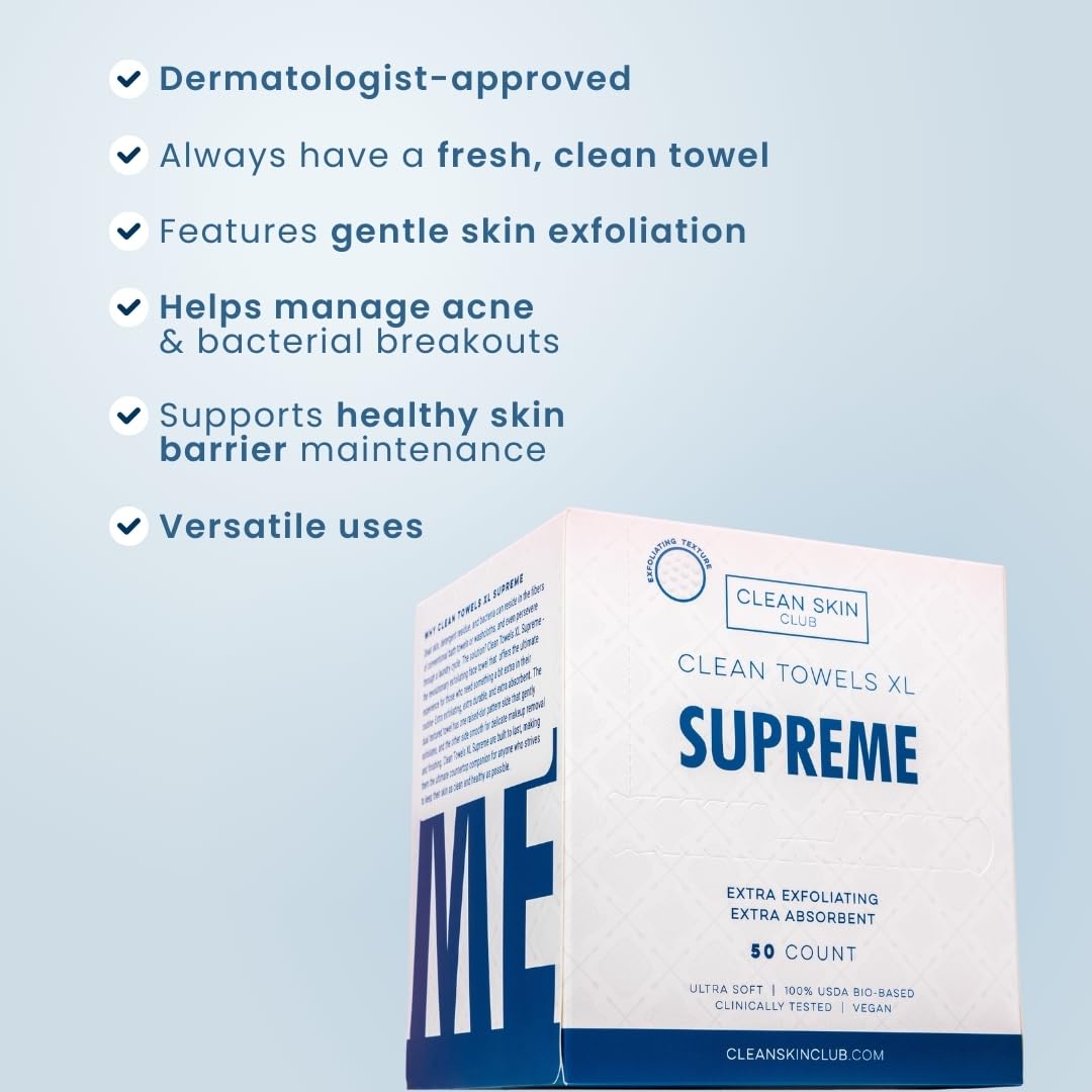 Clean Skin Club Clean Towels XL, USDA Certified 100% Biobased Dermatologist Approved Disposable Face Towelette, Facial Washcloth, Makeup Remover Dry Wipes, Ultra Soft