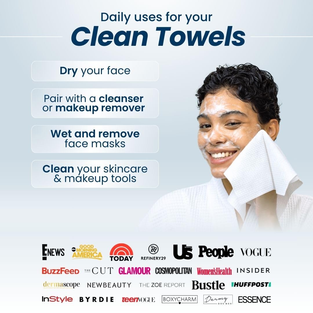 Clean Skin Club Clean Towels XL, USDA Certified 100% Biobased Dermatologist Approved Disposable Face Towelette, Facial Washcloth, Makeup Remover Dry Wipes, Ultra Soft