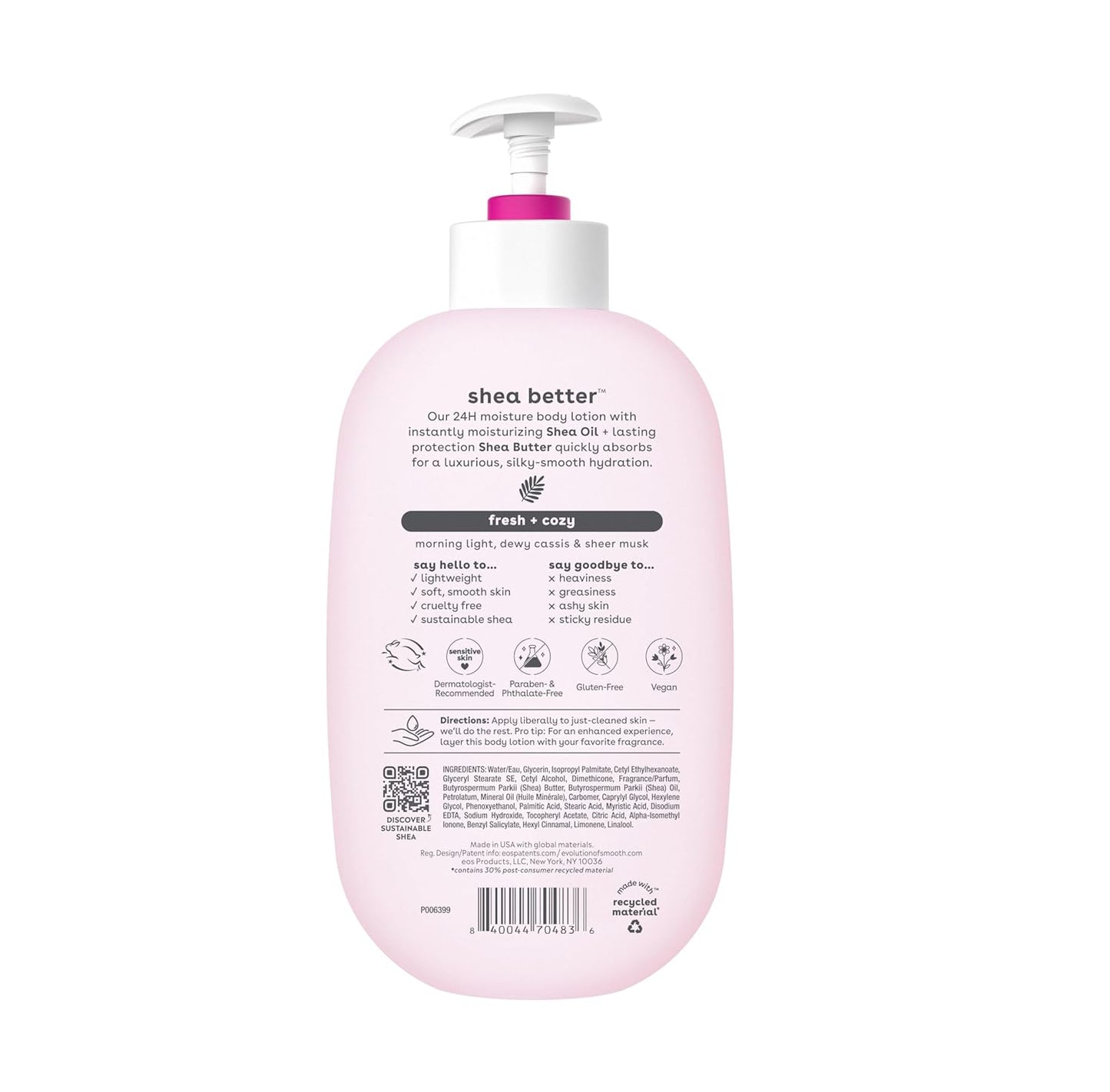 eos Shea Better Body Lotion, 24-Hour Moisture Skin Care, Lightweight & Non-Greasy, Made with Natural Shea, Vegan, 16 Fl Oz (Pack of 1)
