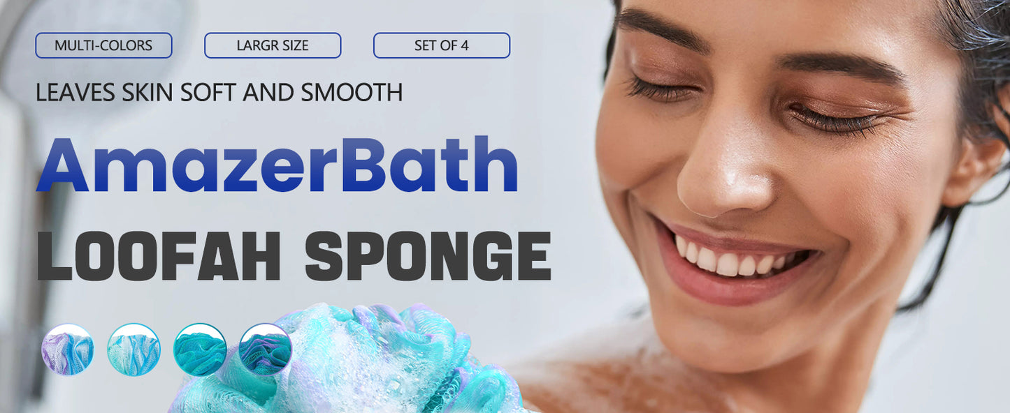 AmazerBath Loofah Sponge 75g/Piece, Exfoliating Bath Sponge Body Scrubber - Loofa Set of 4 Flower Color (Large, Green-Purple)