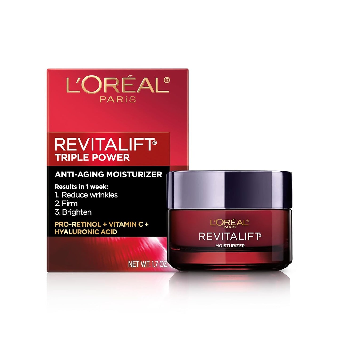 L'Oreal Paris Revitalift Triple Power Anti-Aging Face Moisturizer, Pro Retinol, Hyaluronic Acid & Vitamin C to Reduce Wrinkles, Firm & Brighten Skin