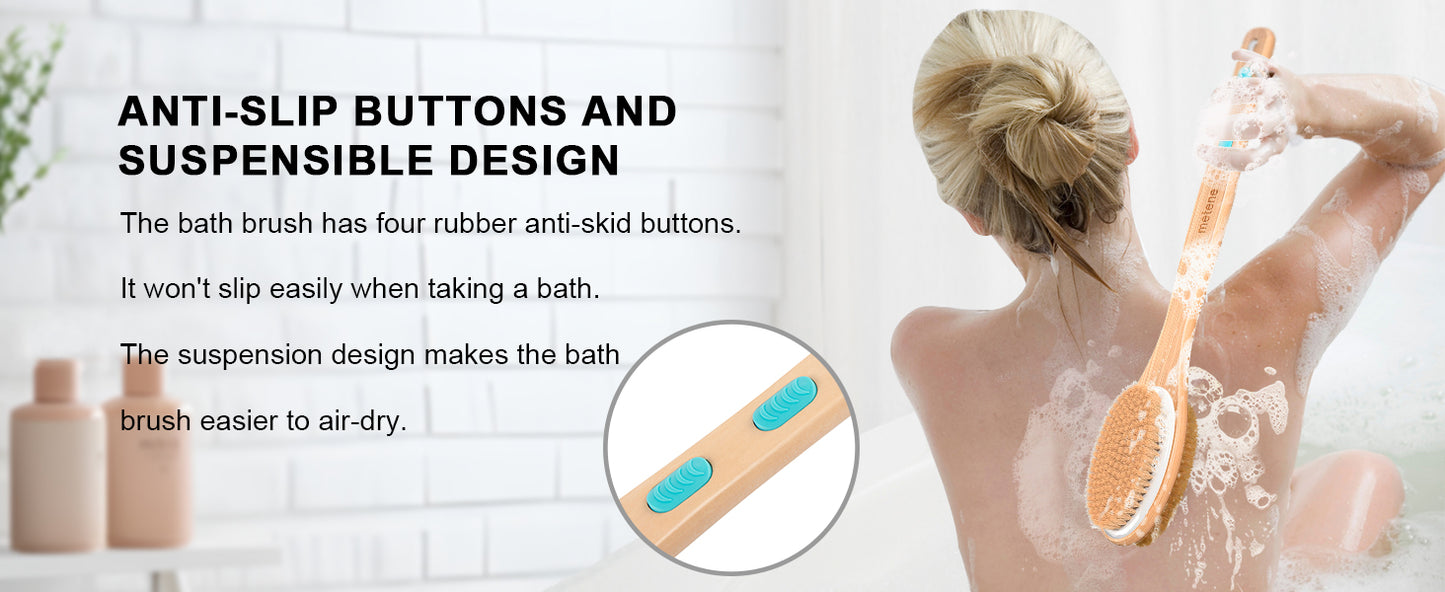 Metene 2 Pack Shower Brush with Soft and Stiff Bristles, Bath Dual-Sided Long Handle Back Scrubber Body Exfoliator for Wet or Dry Brushing