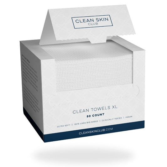 Clean Skin Club Clean Towels XL, USDA Certified 100‪%‬ Biobased Dermatologist Approved Disposable Face Towelette, Facial Washcloth, Makeup Remover Dry Wipes, Ultra Soft