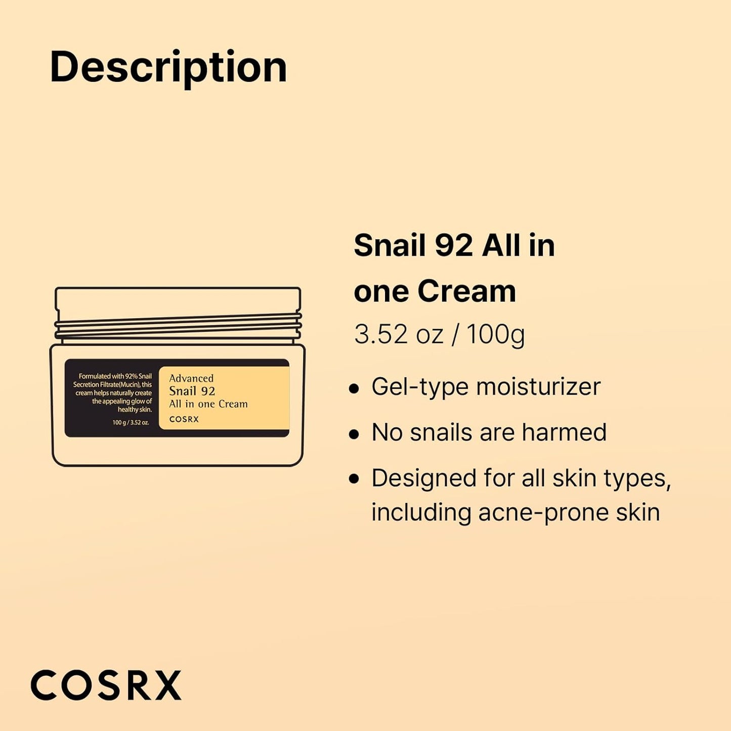 COSRX Snail Mucin 92% Face Moisturizer, 3.52 Oz, Lightweight Moisturing Cream for Soft, Glowy Skin, Korean Skin Care, Korean Moisturizer Face Cream