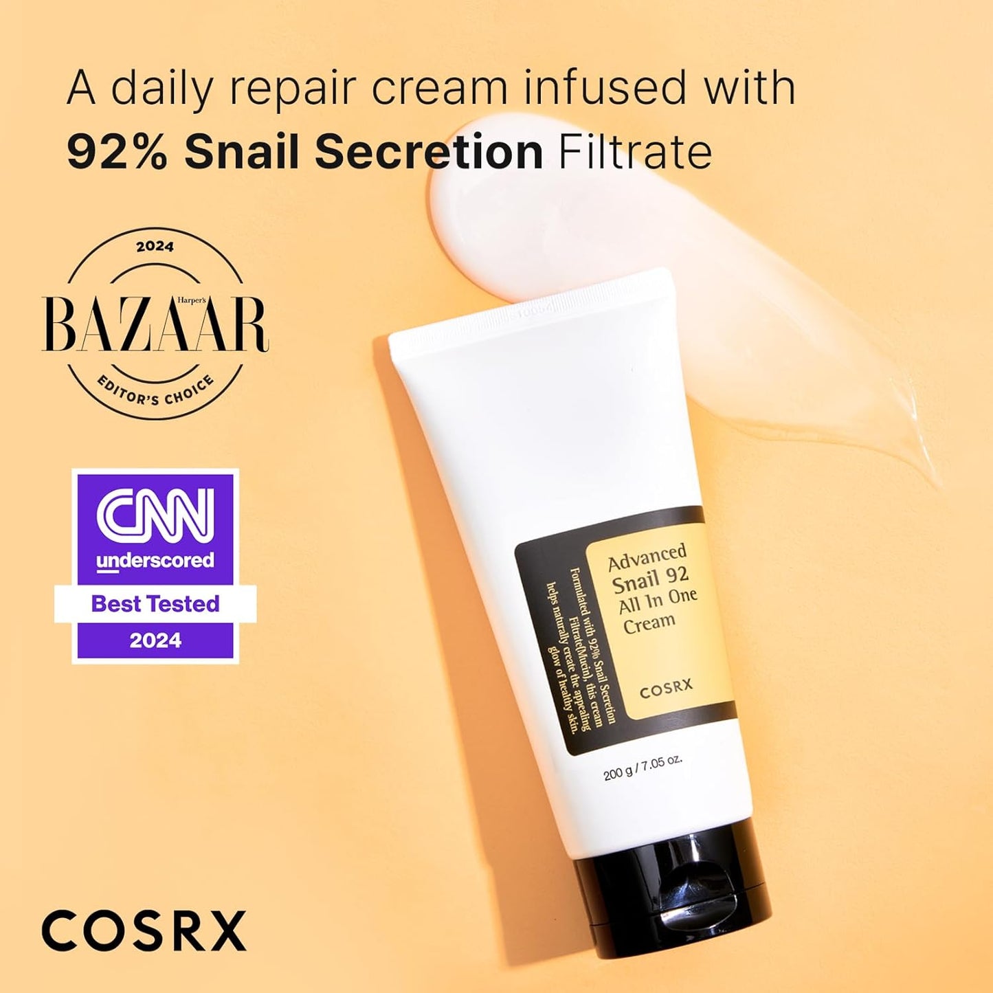 COSRX Snail Mucin 92% Moisturizer, Daily Repair Face Gel Cream Tube Type for Dry, Sensitive Skin, Not Tested on Animals, No Parabens, No Sulfates, No Phthalates, Korean Skin Care (7.05Fl Oz / 200g)