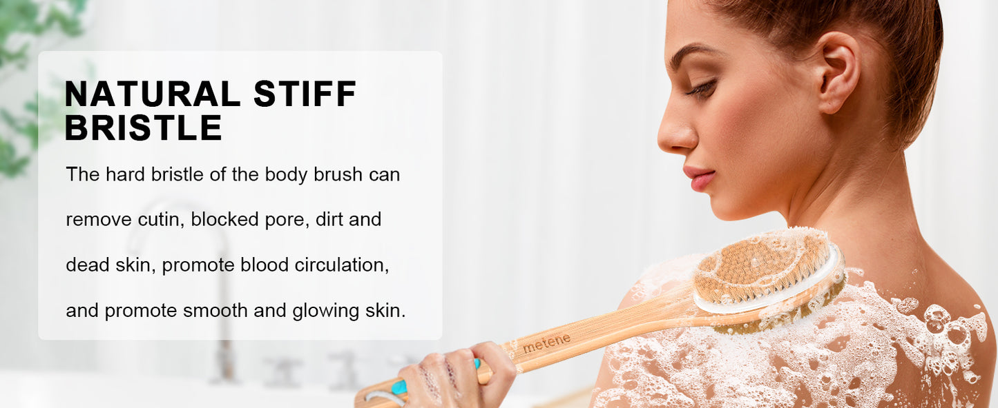 Metene 2 Pack Shower Brush with Soft and Stiff Bristles, Bath Dual-Sided Long Handle Back Scrubber Body Exfoliator for Wet or Dry Brushing