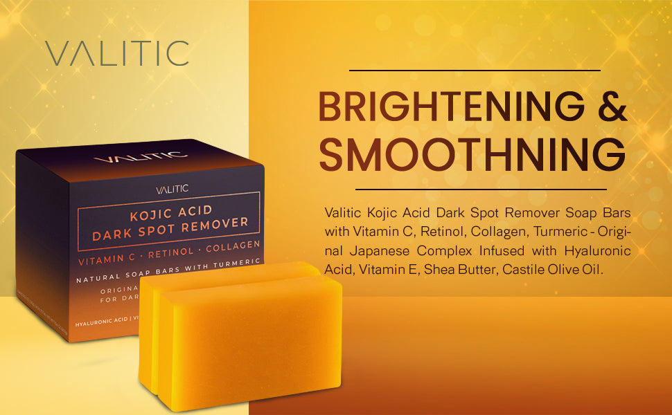 VALITIC Kojic Acid Dark Spot Remover Soap Bars with Vitamin C, Retinol, Collagen, Turmeric - Original Japanese Complex Infused with Hyaluronic Acid, Vitamin E, Shea Butter, Castile Olive Oil (2 Pack)