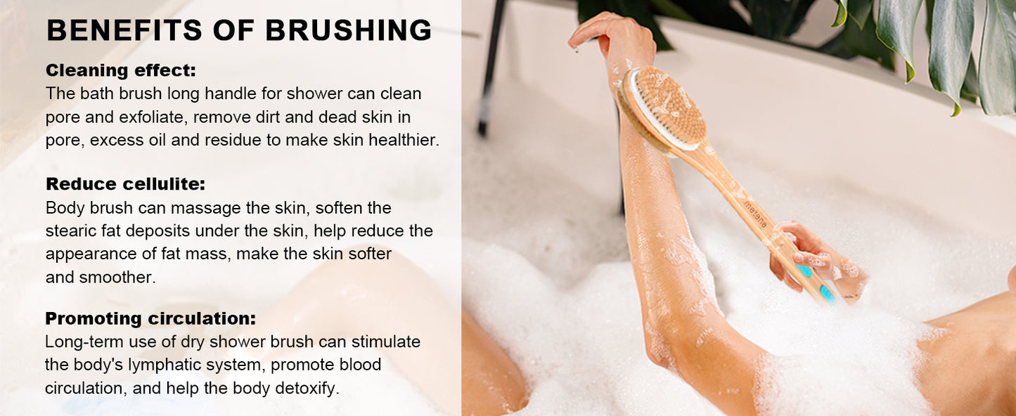 Metene 2 Pack Shower Brush with Soft and Stiff Bristles, Bath Dual-Sided Long Handle Back Scrubber Body Exfoliator for Wet or Dry Brushing